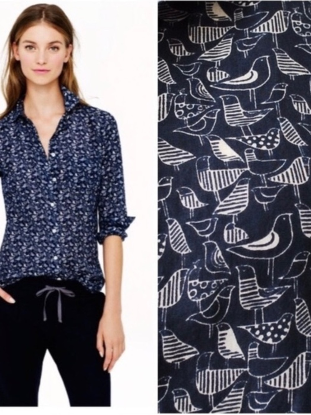 J.Crew Navy Bird Print Long Sleeve Button-Up Shirt Size 2